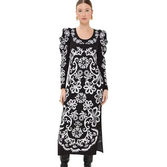 Farm Rio Cashew Mandala Knit Long Puff Sleeve Midi Dress in Black Size XXS New - Picture 1 of 6